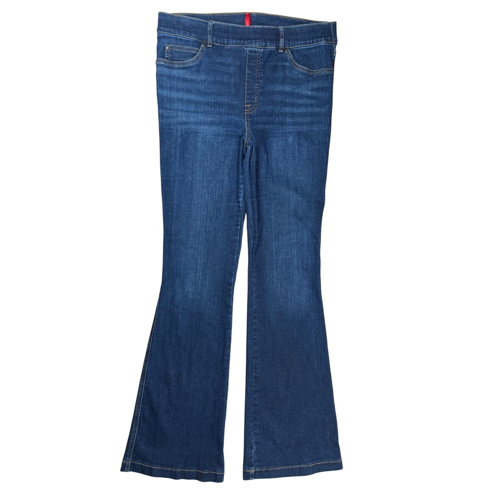 Spanx Flare Jeans Women Large Blue Pull On High Rise Dark Wash Stretch Shapewear